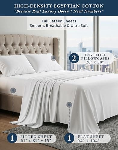 LANE LINEN 100% Egyptian Cotton Full Size Bed Sheets, Soft & Comfy Luxury Hotel Style Thick Full Size Sheets, Fully Elasticized Reinforsed Seams No Pill Natural Cooling - White Sheets thumbnail 2
