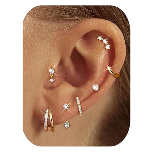 BESTEEL 7Pairs Hypoallergenic Gold Earrings for Women Trendy Small Stud Huggie Hoop Earing Stacks Set Cute Cartilage Helix Jewelry for Sensitive Ears Silver Dainty Christmas Earrings Gifts thumbnail 2