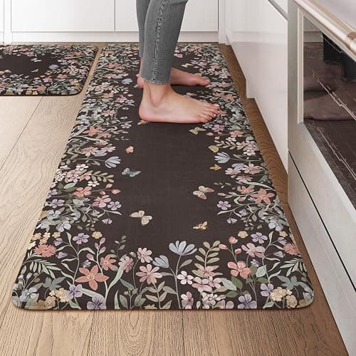 KIMODE Kitchen Anti Fatigue Mats, Farmhouse Kitchen Rugs Sets of 2, Memory Foam Kitchen Mats for Floor, Waterproof Non Skid Standing Mat for Sink Laundry Office Desk Black 20"x47"+20"x32" - Image 1