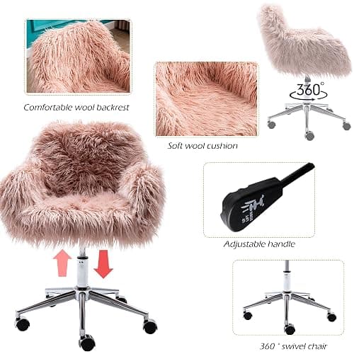 KCC Fluffy Office Desk Chair, Faux Fur Modern Swivel Armchair with Wheels, Soft Comfy Fuzzy Elegant Accent Makeup Vanity Chairs for Women Girls, Home Living Dressing Room Bedroom, Pink thumbnail 4