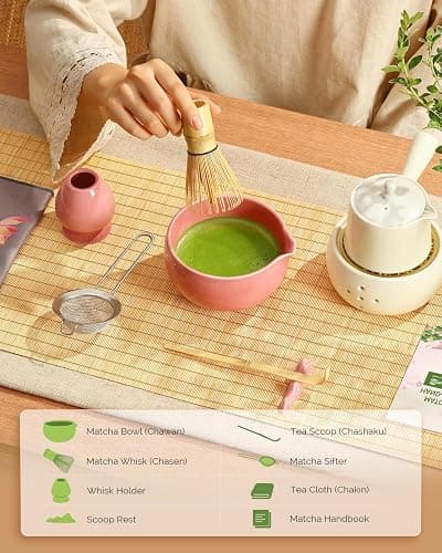 Maestri House Pink Matcha Whisk Set, 7-Pc Complete Matcha Kit with Spouted Ceramic Bowl, Bamboo Whisk and Holder, Scoop, Spoon Rest & Sifter, Tea Cloth – Ideal Gift for Matcha Lovers (Pink) thumbnail 2