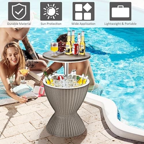 Byroce Outdoor Cooler Side Table, Patio Bar Table w/ 8 Gallon Beer & Wine Cooler, Rattan Style Pool Side & Hot Tub Table, All-Weather Cocktail Table for Parties, Backyard, Deck - Light Coffee thumbnail 7