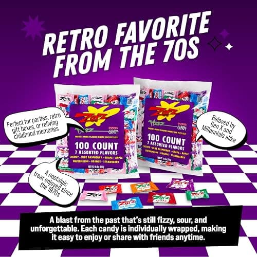 Zotz Fizzy Bulk Candy (Assorted, 100 Units)- Hard Candy Individually Wrapped- Assorted 7 Fruit Flavors, Cherry, Watermelon, Strawberry, Blue Raspberry, Apple, Orange & Grape- From Italy Since 1970 thumbnail 3