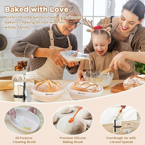 SORON Sourdough Starter Kit, Banneton Bread Proofing Basket with Glass Sour Dough Starter Jar, Sourdough Bread Baking Supplies Tools, 9" Round & 10" Oval Banneton Baskets, Gift Set for Homemade Making thumbnail 6