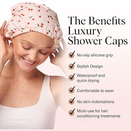 Kitsch Luxury Shower Caps for Women Reusable Waterproof - Flexi Satin Lined, Large Shower Cap for Men, Non-slip, Quick-dry, Adjustable, Stylish Hair Cap for Long & Short Hair - Cherry Print thumbnail 3