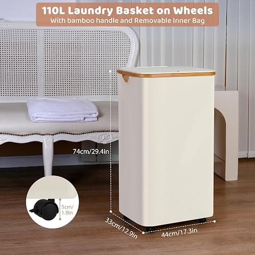 iEGrow Laundry Basket with Wheels, 110L Beige Clothes Hamper for Laundry, Laundry Hamper with Lid and Inner Bag, for Laundry Room, Bedroom, Dormitory Storage,Beige thumbnail 2