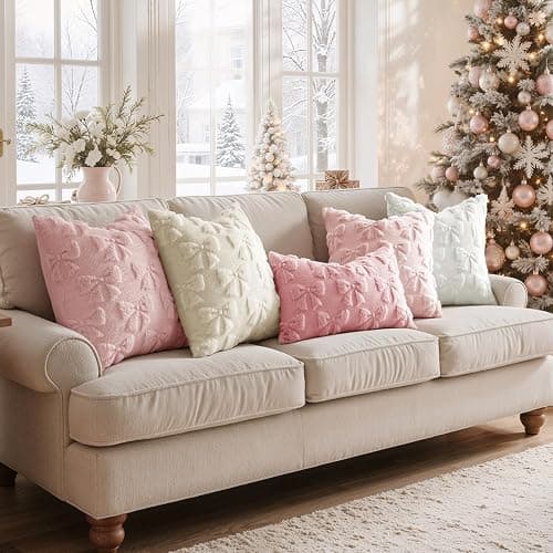 MIULEE Light Pink Bow Pillow Covers Coquette Room Decor Aesthetic Set of 2 Decorative Cute Girl Christmas Throw Pillow Soft Plush Faux Pillowcase for Girl Bed Couch Sofa,18x18 Inch thumbnail 3