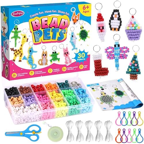 Beads for Crafts, Pony Beads Keychain Making Kit, Bead Pets for Kids Girls | Funtopia Bracelet Making kit Beaded Animal Set Birthday Party DIY Art Crafts for Girls Boys Beginners(1500 Bead, 30 Designs) thumbnail 8