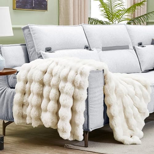 JONIYEAR Soft Fuzzy 900GSM Bubble Faux Rabbit Fur Throw Blanket 50" x 60", Double Sided Solid Thick Warm Fluffy Blanket for Winter, Luxury Cozy Puffy Shaggy Comfy Furry Blankets for Couch, Cream White - Cream White - 900gsm - Travel/Throw Size - 50" x 60" thumbnail 6