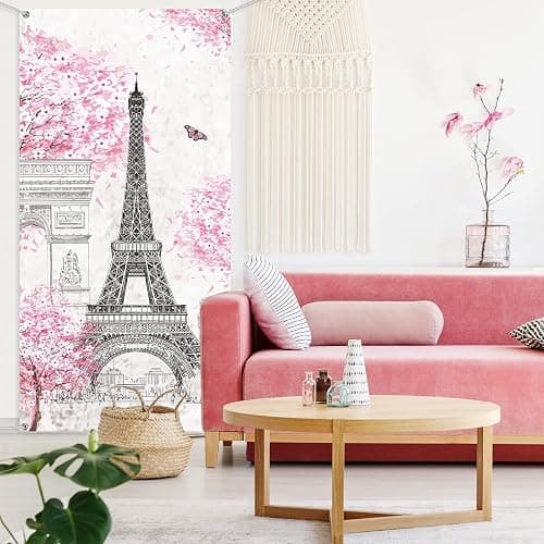 Tatuo Paris Eiffel Tower Backdrop Pink Eiffel Tower Background Banner 70.9 x 35.4 Inch Paris Pink Tree Wall Hanging Decor for Girls Bedroom Living Room Photograph Party Decoration thumbnail 5