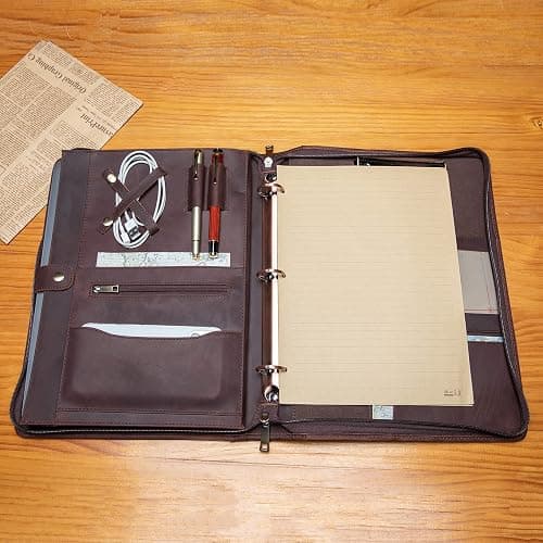 Handmade Genuine Leather Portfolio, Zippered Padfolio with 3 Ring Binder, Professional Business Organizer, Resume Folder, Notebook Organizer with Tablet Document Holder for Men, Women, Business Trip thumbnail 2