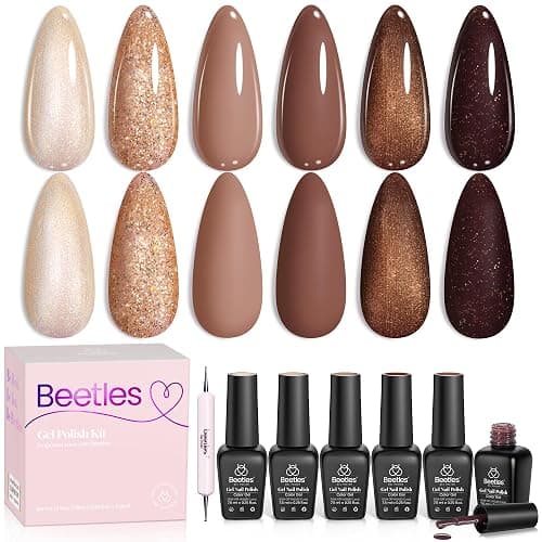 beetles Gel Polish Brownie Bliss - Fall Gel Nail Polish Set Light Dark Brown 6 Colors Nail Kit Pearl Shimmering Soak Off UV LED Lamp Needed Manicure DIY Home Gift for Women Girls thumbnail 8