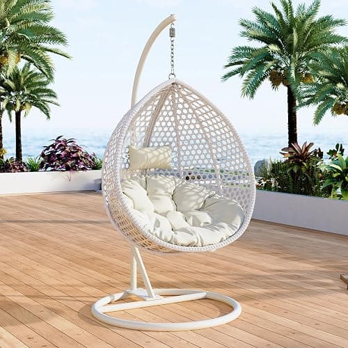 Hanging Egg Chair Outdoor Indoor,Wicker Swing Egg Chair with Stand, 300lbs Capacity for Bedroom Patio Garden Balcony Yard (White) - Image 1