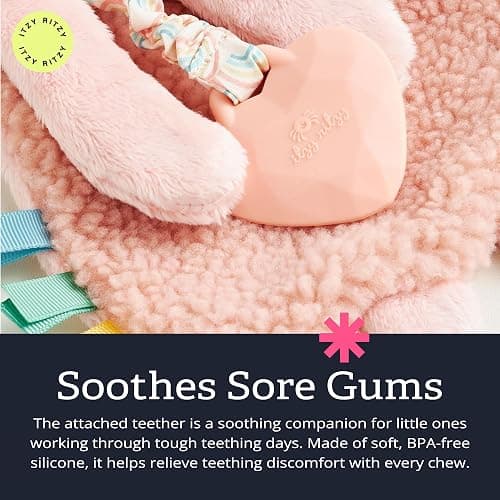 Itzy Ritzy Lovey Including Teether, Teething Relief, 0+ Months (Pink Bunny) | Baby Lovey with Soft Sherpa, Plush Minky, Silicone Teether, Crinkle Sounds, Textured Ribbons, and Interactive Dangle Arms thumbnail 5