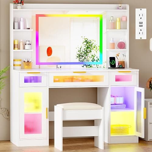 ANWBROAD Large Vanity Desk with Mirror and Lights White Makeup Desk Set with Power Outlet and Remote RGB Vanity with 3 Drawers 2 Cabinets and Stool Vanity Table for Girls Women Bedroom UBDT85W - Image 1