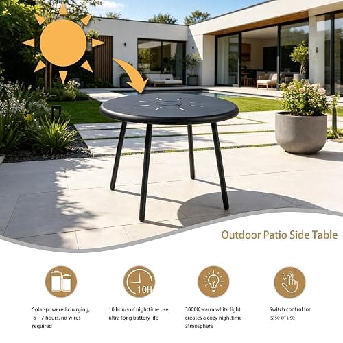 Meluvici Outdoor Side Table, 19.7" Round Solar Coffee Table with LED Lights, Waterproof Metal Patio End Table for Garden, Backyard, Balcony, Deck, Patio Furniture thumbnail 4
