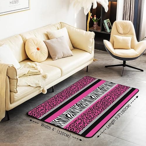 jejeloiu Leopard Living Room Rugs Area Rug 4x5 Pink Black White Stripe Accent Rug Set for Cheetah Indoor Floor Mat Non-Slip Safari Animal Zebra Print Non Slip Area Runner Rug thumbnail 3