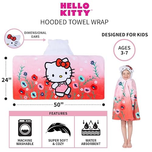 Hello Kitty Bath/Pool/Beach Soft Cotton Terry Hooded Towel Wrap, 24 in x 50 in, By Franco Kids thumbnail 2