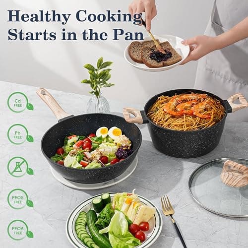 SODAY 12 Pcs Pots and Pans Set, Nonstick Cookware Sets Black Granite Induction Cookware, Non-toxic Healthy Non Stick Kitchen Cooking Set with Frying Pans Set, Saucepans,Steamer (PFAS, PFOA, PFOS Free) thumbnail 4