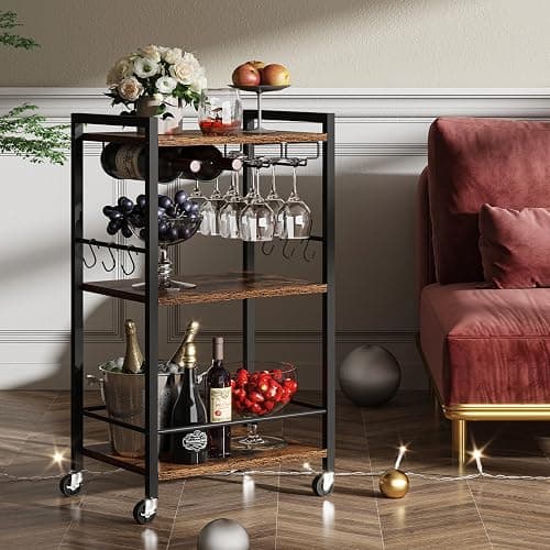 TUTOTAK Bar Cart with Wheels, Mini Drink Cart with Wine Rack & Glass Holder | 3-Tier 17 Inch Wide Home Bar Serving Carts, Small Mobile Kitchen Shelf with 6 Hooks, Rustic Brown BC01BB035 thumbnail 6