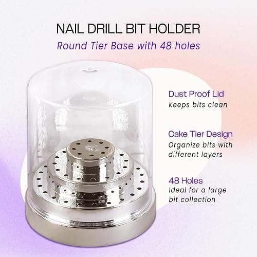 PANA Round Cake Tier Nail Drill Bit Holder Display Organizer Case - Dustproof Carbide Bit Storage Container Box For Manicure Tools Nail Salon - 48 Holes Silver (Drill Bits Not Included) thumbnail 2