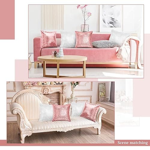 Irenare 4 Pcs Sequin and Fluffy Pillow Covers Winter Throw Pillow Cases Soft Cushion Cover for Couch Bed Sofa Xmas Day(18 x 18 Inch,Pink, White) thumbnail 4