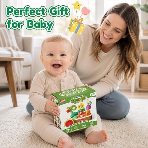 MORECOLL Fruit & Veggie Baby Sensory Plush Set, Baby Toys 6-12 Months, Garden Plush Toys with Rattle, Crinkle, Squeak, Mirror, Pull, Match & Plant Play, Montessori Baby Gift for Boys Girl Infant thumbnail 9