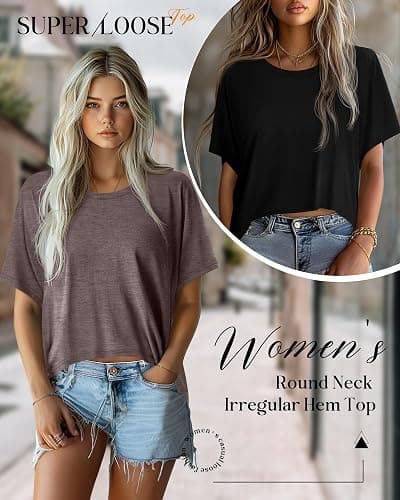 Huukeay 3 Pack Oversized Cropped T Shirts for Women Casual Short Sleeves Crop Tops Crew Neck Irregular Hem Baggy Tees thumbnail 2