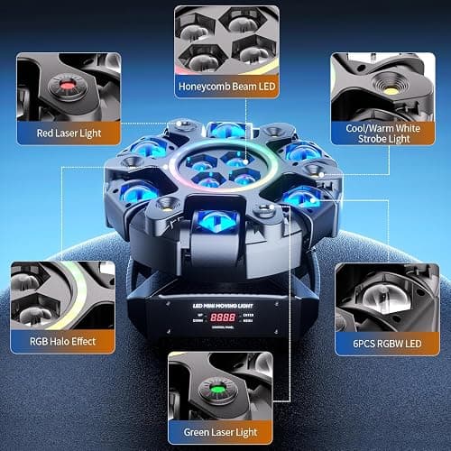Moving Head DJ Stage Light 6-Arm RGBW with 4 Honeycomb Beams, 90° Swing 540° Rotate, White/Warm Strobe, Red/Green Starry Sky, Colorful Aperture Effects, Auto/DMX512 Control for Party Club Wedding thumbnail 3
