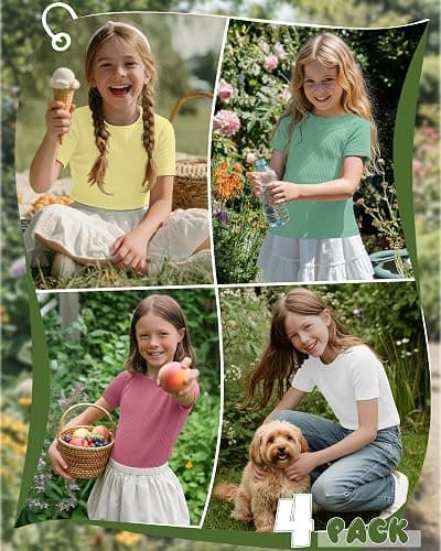 Oakgarden 4 Pack Girls T Shirts 5-14 Years Short Sleeve Ribbed Tops Crew Neck Slim Fit Summer Casual Cute Basic Tees for Kids thumbnail 2