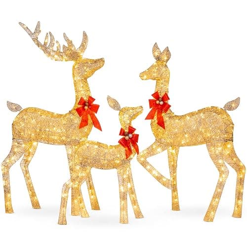 Best Choice Products 3-Piece Large Lighted Christmas Deer Family Set 5Ft Outdoor Yard Decoration with 360 LED Lights, Stakes, Zip Ties - Gold - Image 1
