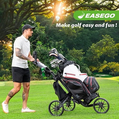EASEGO Golf Push Cart 3 Wheel : Golf Caddy Pull Cart, One Click Folding Golf Bag Cart Lightweight Compact Golf Trolley with Cooler Bag, Umbrella, Cup & Phone Holder for Different Terrain thumbnail 3