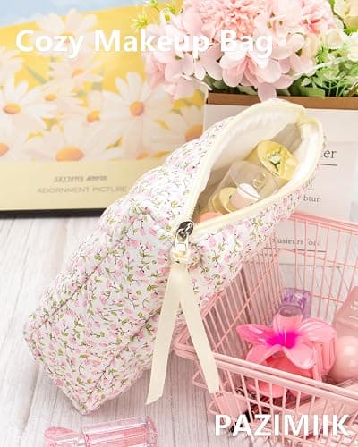 3PCS Makeup Bag SET Large Travel Quilted Zipper Soft Cosmetic Case Pouch for Women Girls Make Up,Floral Pink thumbnail 5