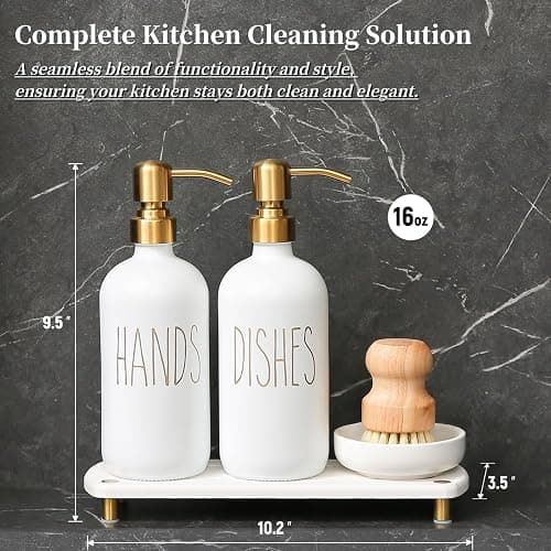 MOMEEMO Gold Soap Dispenser Set Comes with Stainless Steel Pumps, Instant Dry Tray, and Dish Scrub Brush, Suitable for Kitchen Decor and Accessories. (Gold) thumbnail 3