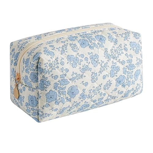 HHQQWZ Makeup Bag Travel Cosmetic Bag for Women Girls, Zipper Make Up Pouch, Floral Flowers Toiletry Organizer Makeup, Portable Storage Cosmetic Travel Cloth Bag (Blue Floral) - Image 1