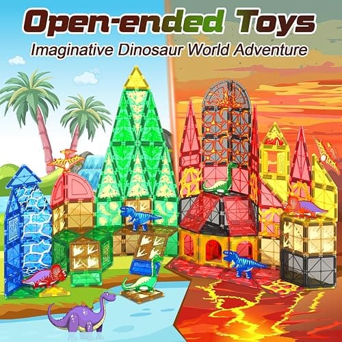 102PCS Dinosaur Toys Magnetic Tiles with 8 Dinosaurs - Jurassic Scenes Dinosaur World Adventure Set, Magnetic Blocks Kids Toys for Boys & Girls Ages 3+, Sensory Toddler Creative Kids Games Gifts thumbnail 3