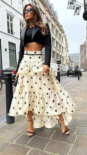 THLAI Women Polka Dot Maxi Skirt Ruffle Layered Long Skirt High Waist Asymmetrical Midi Skirt Summer Skirt thumbnail 3