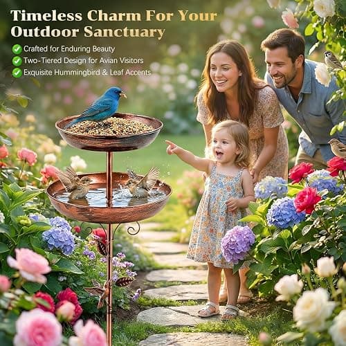 Metal Bird Bath for Outside, 47'' Adjustable Standing Bird Feeder for Outdoors, 2 in 1 Metal Birdbaths & Birdfeeder, Vintage Bird Bath Feeder Bowl, Bird Baths Water Bowl with Stable 5-Pronged Base thumbnail 6