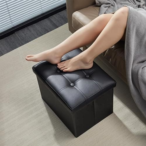 AmasSmile Storage Ottoman Folding Foot Rest Stool, Leather Footstool Bench, Short Ottoman Stool, Storage Foot Rest Store, Books (Black, 13" D x 17" W x 13" H) - Black 1 Pack - 13"D x 17"W x 13"H thumbnail 2