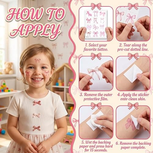 96 PCS Pink Bow Pre-Cut Temporary Tattoos for Girls - Coquette Aesthetic Party Favors, Goodie Bag Stuffers, Birthday Activities & School Prizes thumbnail 7