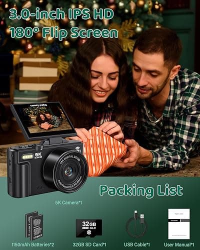 5K Digital Camera - WiFi 75MP UHD Cameras for Photography - Autofocus Vlogging Camera for YouTube with 18X Zoom 3" 180° Flip Screen - Video Cameras Compact Travel Camara with 32GB SD Card 2 Batteries thumbnail 7