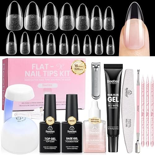 Beetles Gel Nail Kit Flat-X, Almond Medium, 320pcs 16 Sizes Nail Tips | 20g Nail Glue Hand-Free,10ml Glue Remover, 7.5ml Base Gel &Top Coat, Mini Lamp, Acrylic Press On Nail, Extension DIY at Home - Image 1