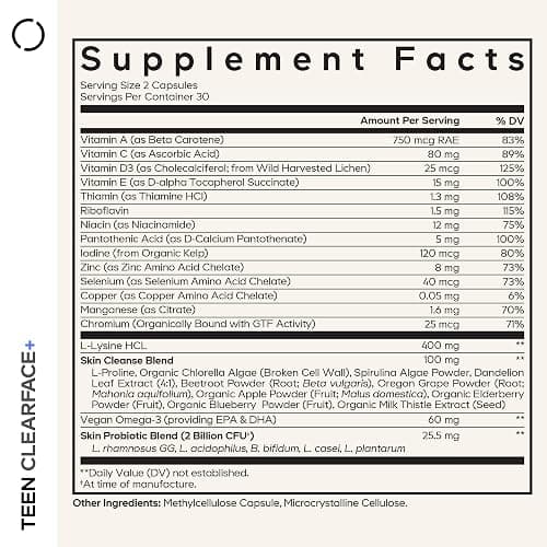 Codeage Teen Clearface Adolescent Face, Skin & Pimples, Vitamins A, C, D3, E, Pantothenic Acid, Niacin, Zinc Supplement Teenagers, Probiotics, L-Lysine, Omega-3, Oily Skin, Pores, Spots - 60 Capsules thumbnail 2