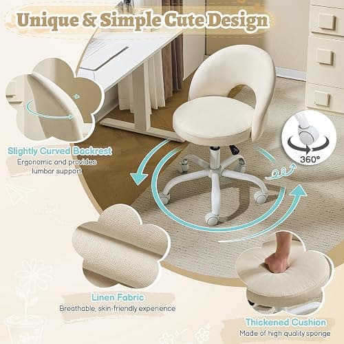 VINGLI Small Vanity Chair with Wheels for Girls.Cute Modern Adjustable Height Armless Office Desk Chair.360°Swivel Comfy Rolling Chair for Study, Make up Room,Small Space,Linen Light Yellow thumbnail 6