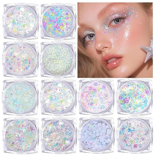 Body Glitter Face Glitter, Hair Glitter for Kids, 12 Shapes Fine Chunky Glitter Gel for Women Girls Makeup Sparkles Party Mermaid Sequins Rave Accessories Singer Concerts Festival (White Scheme) - Image 1