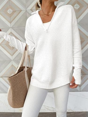 ANRABESS Womens Long Sleeve Quarter Zip Pullover Sweater Casual Loose V Neck Collared Ribbed Knit Jumper Tops Thumb Hole thumbnail 2