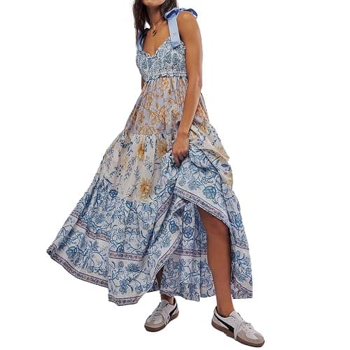 ABYOVRT Women Floral Maxi Dress Sleeveless Tie Shoulder Bohemian Flowy Smocked Dresses Casual Summer Sundress with Pockets - Image 1