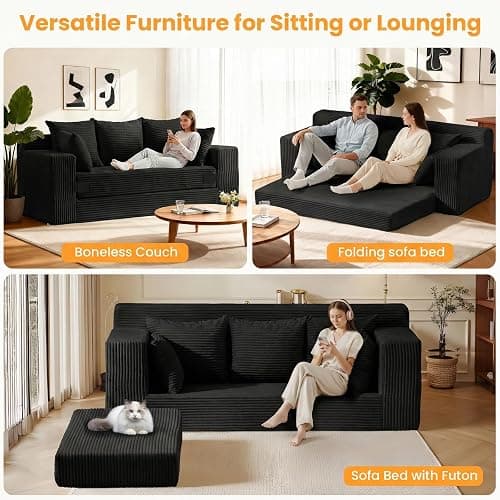 Winzoo Convertible Sofa Bed, Pull Out 3 Seater Sleeper Sofa, 70" Black Boneless Couch Fold Out Floor Couch with 5 Pillows for Living Room Bedroom Lounge Small Space thumbnail 3