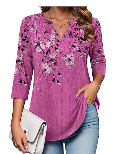 Zeagoo Womens 3/4 Length Sleeve Tops V Neck Tunic Casual Dressy Blouse Floral Printed Shirts - Image 1