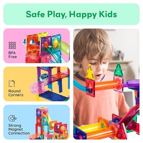 PicassoTiles 108pc Magnetic Marble Run Set with Building Tiles Race Track Car Slides Set STEM Learning Toy 3-in-1 Preschool Construction Kit for Indoor Activity and Development for Kids age 3+ PTG108 thumbnail 7